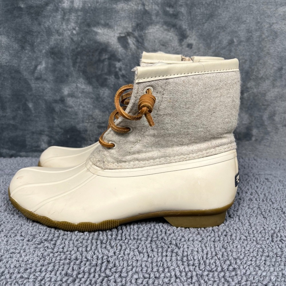 Sperry Saltwater Duck Boots Youth 4M Cream Grey Wool Textile STK163619